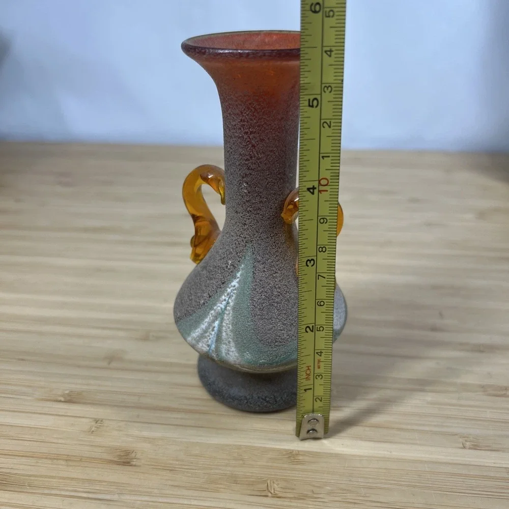 Vintage Art‎ Glass Bud Vase Amber Applied Handles Mottled Orange Green 5.75
